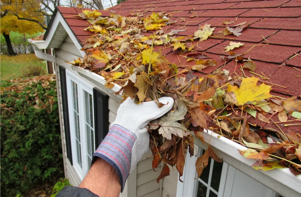 Cleaning leaves from a roof and gutter during fall in Wisconsin