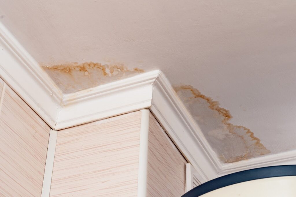 Ceiling water stains caused by a roof leak emergency in a Wisconsin home